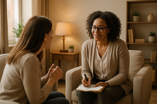 A picture of one woman counselling another woman