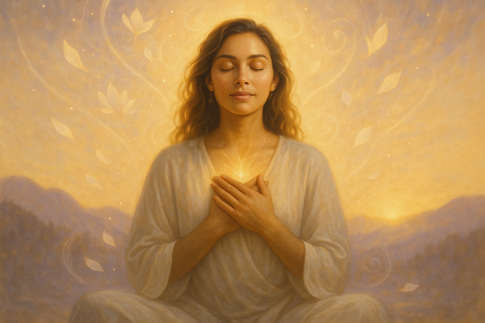 A woman embracing a six months spiritual journey who feels deeply connected to her soul and true purpose