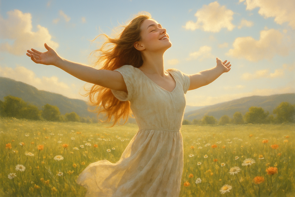 A woman feeling incredibly free, happy and peaceful
