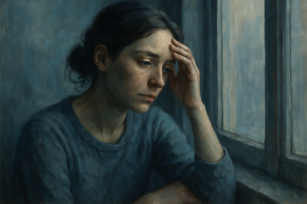 Show a woman who feels sad and anxious