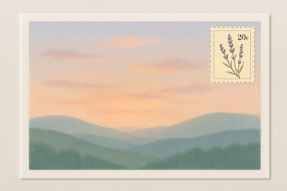 A postcard with a stamp that has a sense of calm to it
